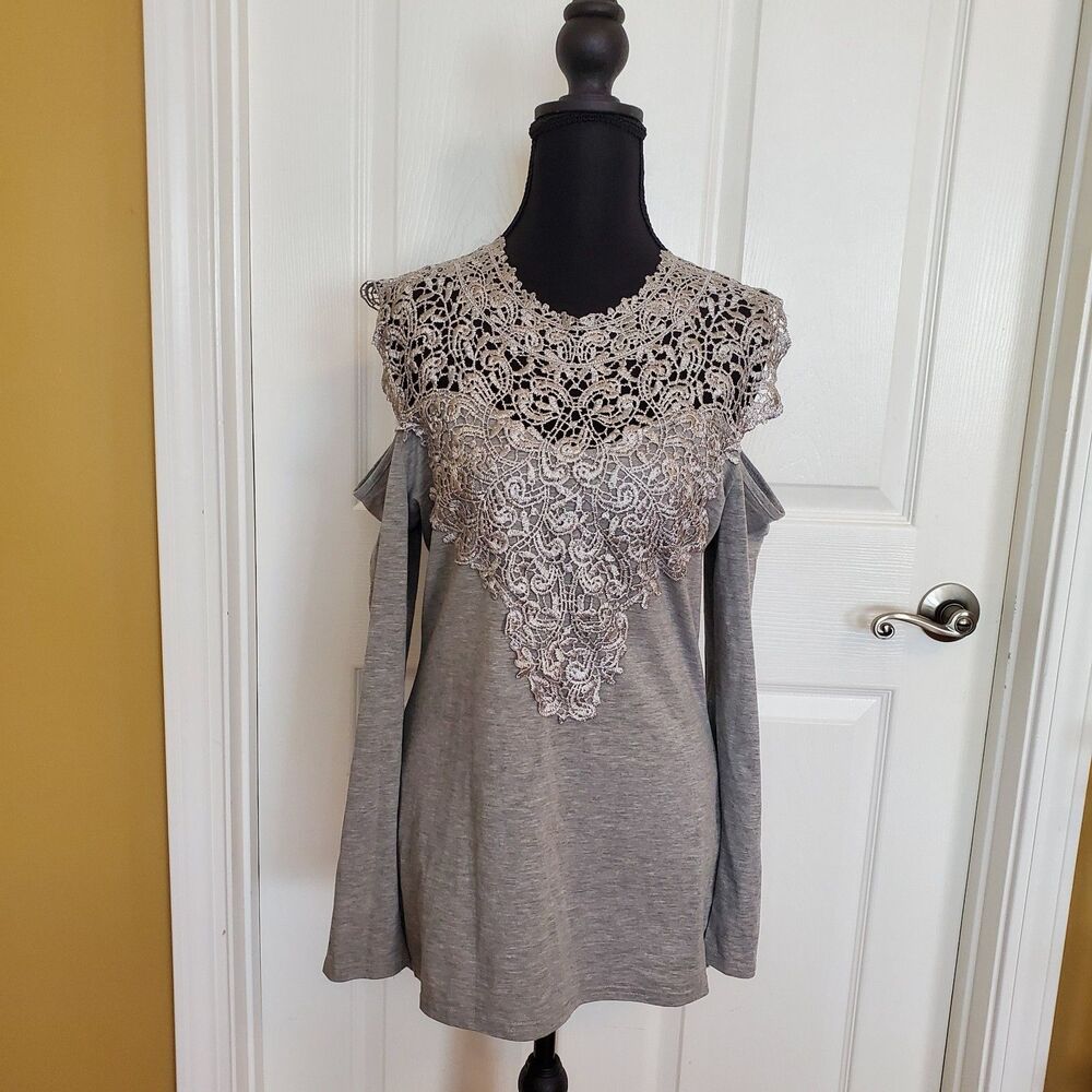 Coquette Gray Lace Cold Shoulder Long Sleeve Date Night Top Women's Large